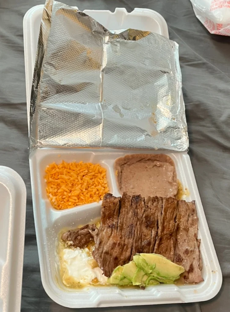 Steak Rice and Refried Beans